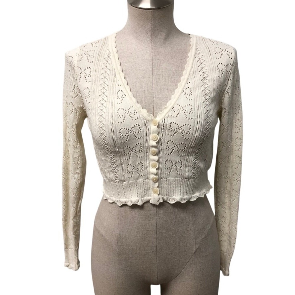 LoveShackFancy Cardigan Womens XXS Cream Pointelle Bow Detail Cropped Coquette